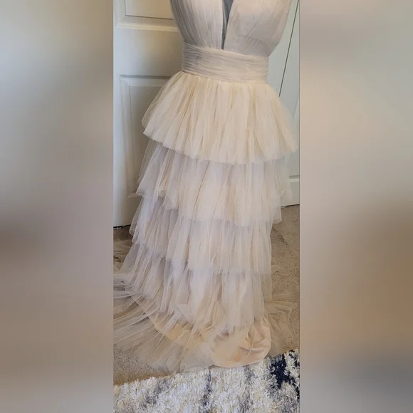 Elegant Cream Layered Tulle Evening Gown - Picture 4 of 16